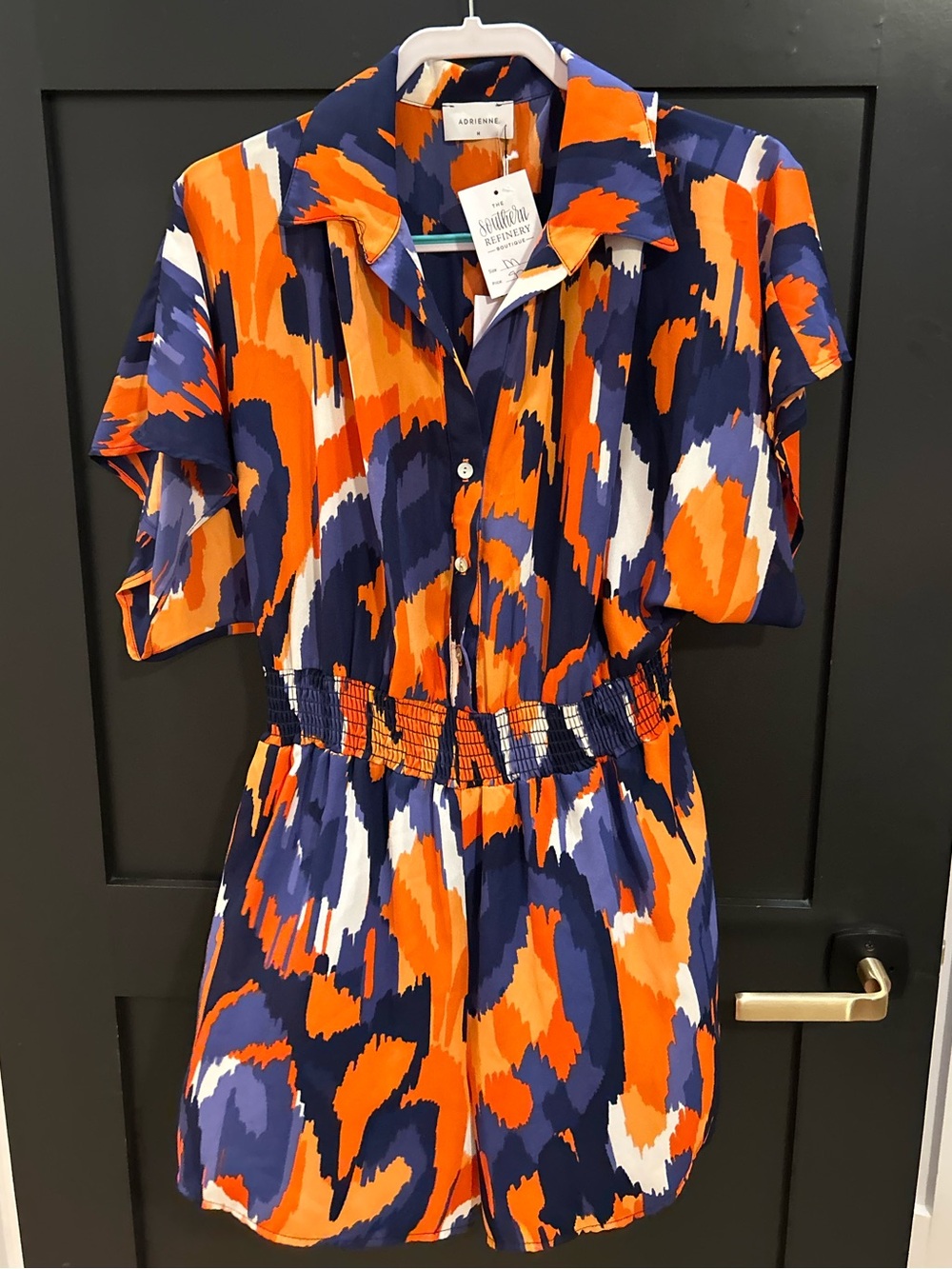 Adrienne Orange, Navy & White Abstract Collared Blouse